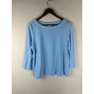 J Jill Love Linen Shirt Womens Blue Linen Boxy Boat Neck 3/4 Sleeve Sz Large